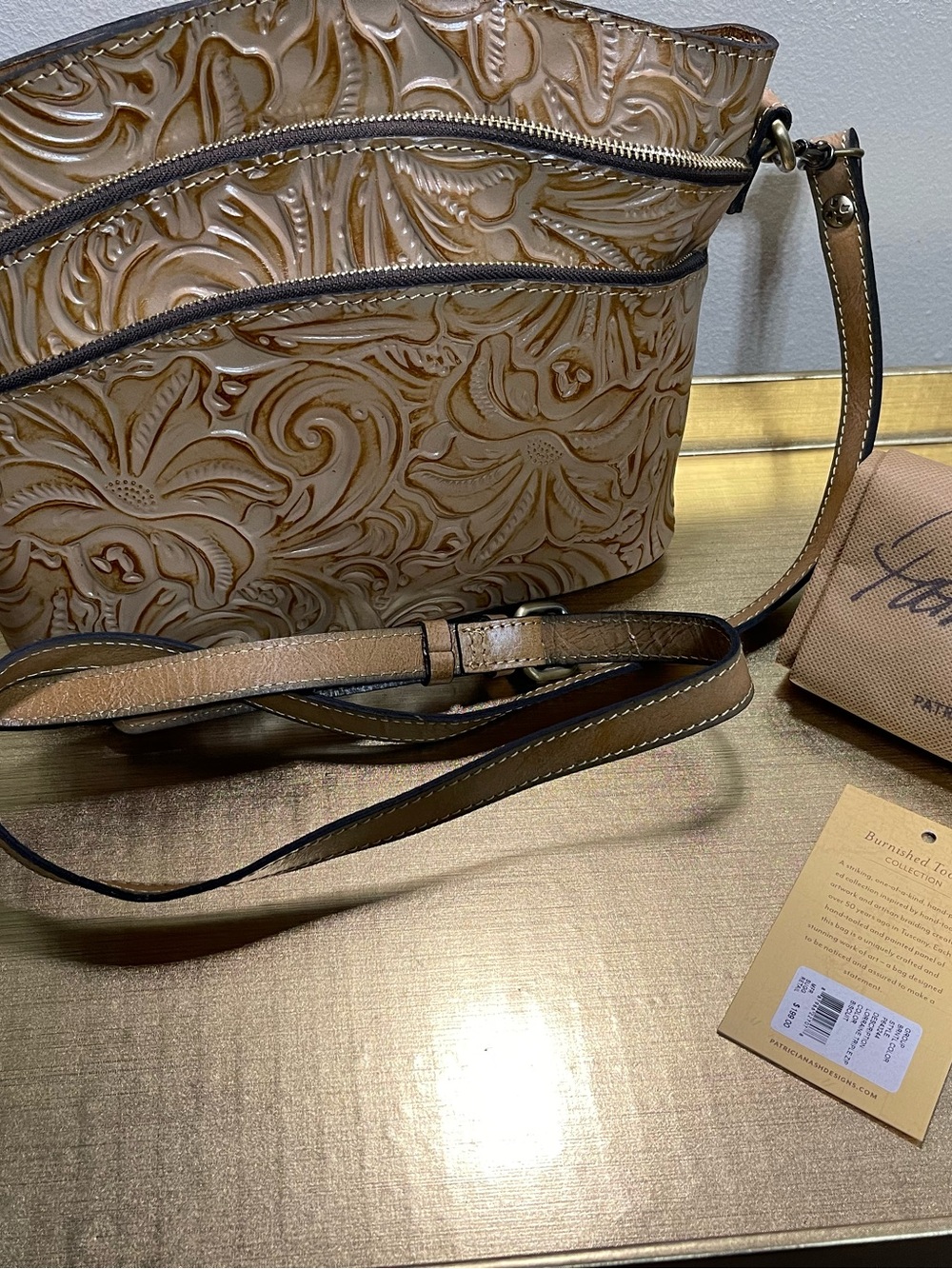 Patricia Nash Embossed Floral Crossbody in Tan and Brown